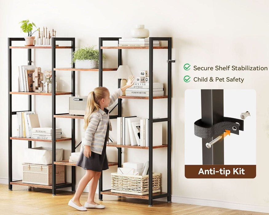 Triple 4 Tier Bookshelf, Large Bookcase with 11 Open Display Shelves, Modern Industrial Book Shelves Book Case for Bedroom, Wide Standing Shelving Unit for Living Room Home Office, Vintage