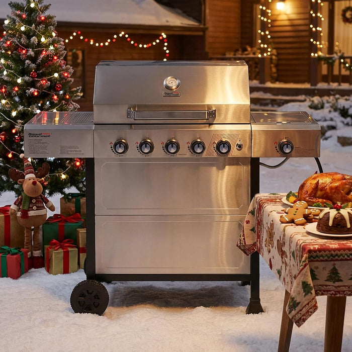 GA5401T 5-Burner BBQ Liquid Propane Gas Grill with Side Burner, Stainless Steel 61,000 BTU Output for Patio Garden Picnic Backyard Cooking, Silver