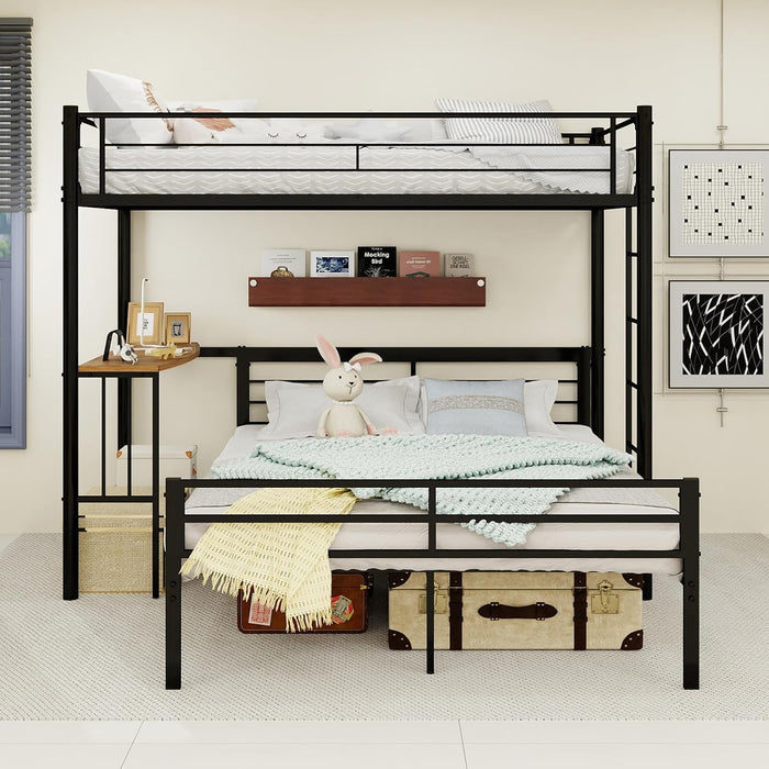 Black LShaped TwinOverFull BunkBedDesk HeavyDuty Metal