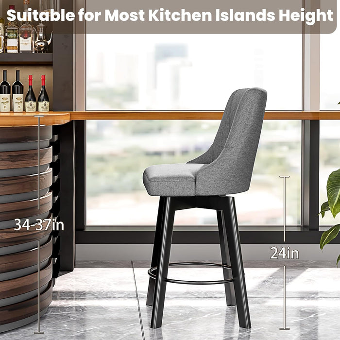 Swivel Bar Stools with Backs, 24" Counter Height Bar Stools Set of 2, Fabric Upholstered Counter Bar Stools with Solid Wood Legs for Kitchen Island, Home Bar, Dark Gray