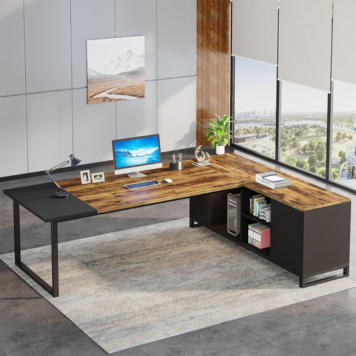 70.8" Executive Desk with 55" File Cabinet, Modern L Shaped Computer Desk with Storage Shelves and Cabinet, Large L Shaped Executive Desk for Home Office, Rustic Brown & Black - ShipItFurniture