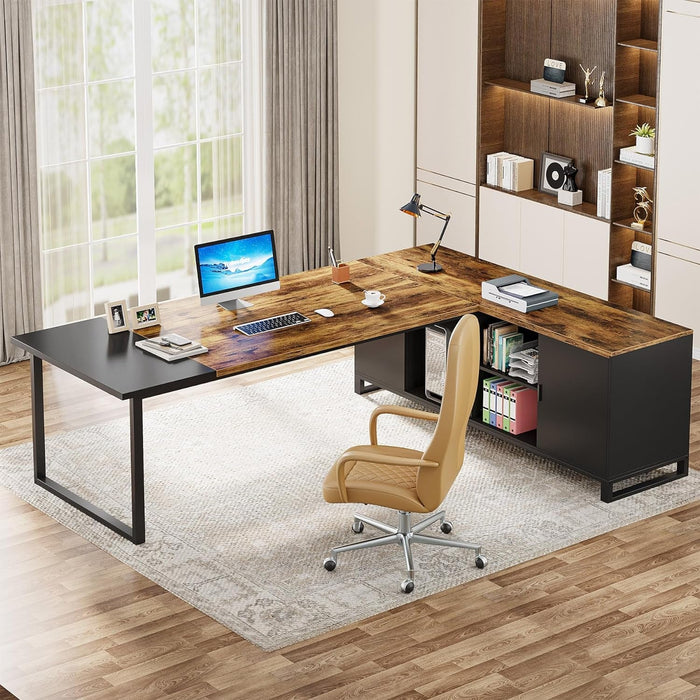 70.8" Executive Desk with 55" File Cabinet, Modern L Shaped Computer Desk with Storage Shelves and Cabinet, Large L Shaped Executive Desk for Home Office, Rustic Brown & Black - ShipItFurniture