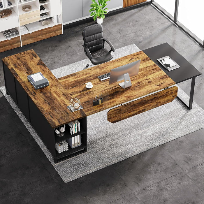 70.8" Executive Desk with 55" File Cabinet, Modern L Shaped Computer Desk with Storage Shelves and Cabinet, Large L Shaped Executive Desk for Home Office, Rustic Brown & Black - ShipItFurniture