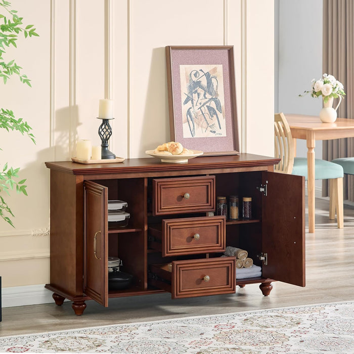47" Wood Sideboard Buffet Cabinet with Storage,Traditional Media Console with 2 Doors & 3 Drawers,Adjustable Shelves Credenza with Solid Wood Legs for Kitchen,Living Room,Walnut