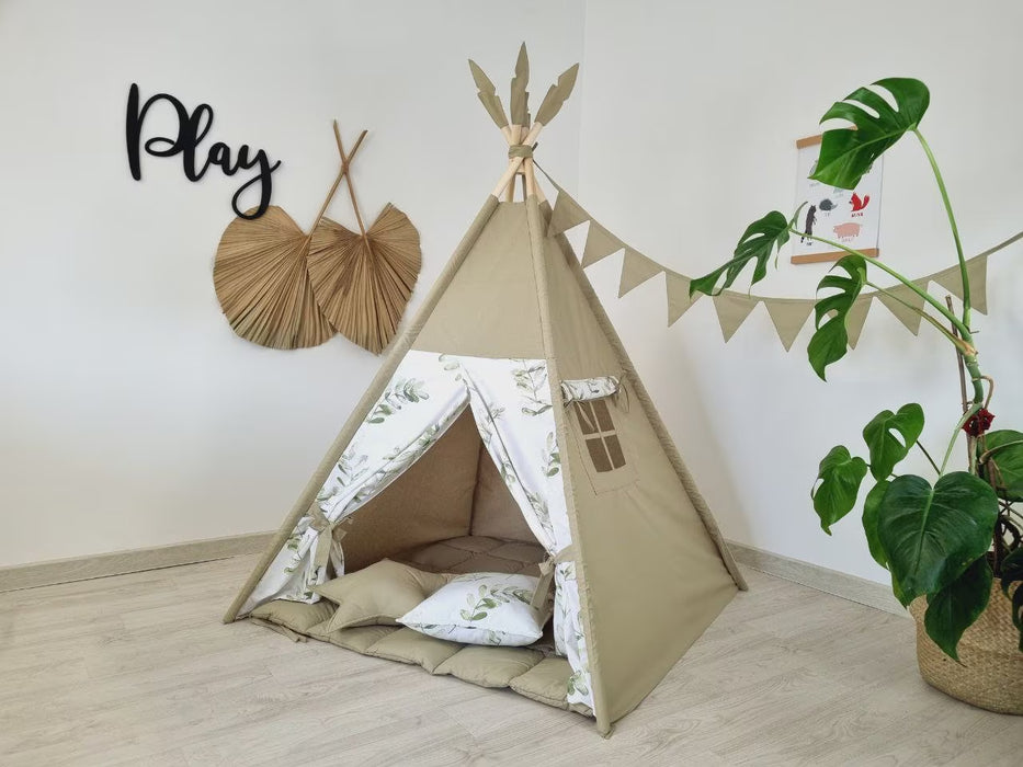 Olive Green Teepee Tent for Kids | Toddler Playhouse with Neutral Teepee Design | Indoor Playzone for Boys & Girls