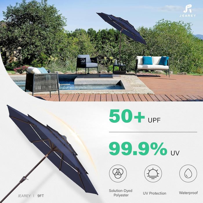 9FT 3 Tier Patio Umbrella Outdoor Market Umbrella Table Umbrellas with 8 Ribs 1.5 Pole Push Button Tilt and Crank UV Protection for Garden,Navy