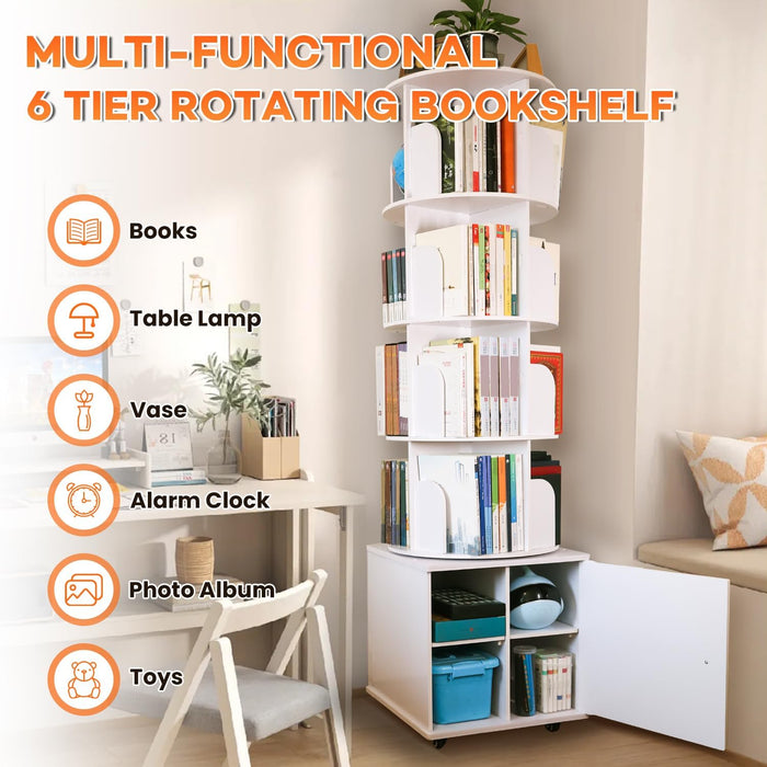 6 Tier Rotating Bookshelf Spinning Bookshelf Tower | 360° Revolving Bookcase with Storage Cabinet Corner Organizer Storage round Carousel with Wheels, White
