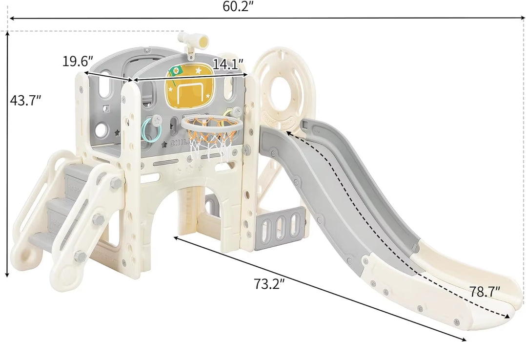 7In1 Kids Slide Playset Structure, Freestanding Castle Climbing Crawling Playhouse with Slide, and Basketball Hoop, Toy Storage