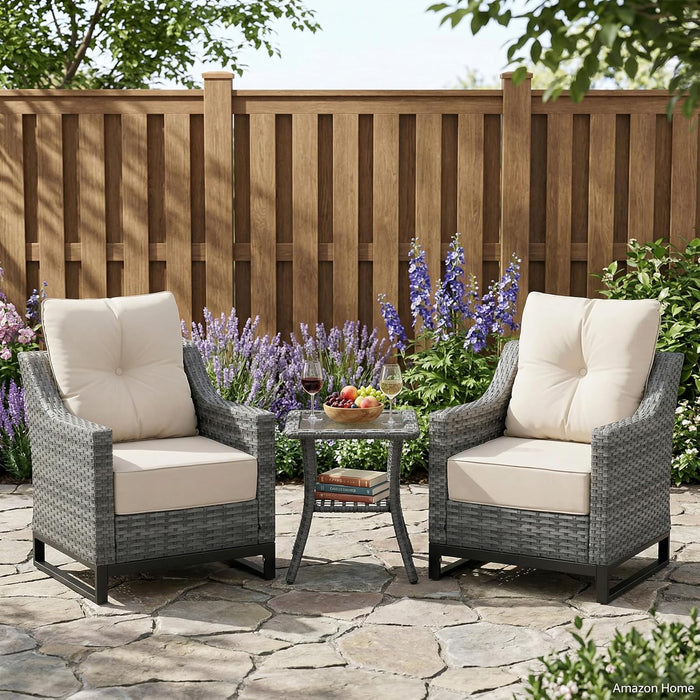3 Pack Patio Furniture Set with 6" Thick Cushions,  Rattan Wicker Patio Set with Two Outdoor Chairs and Table, High Back Rattan Chair with Comfy Cushions for for Porch, Garden Poolside Balcon