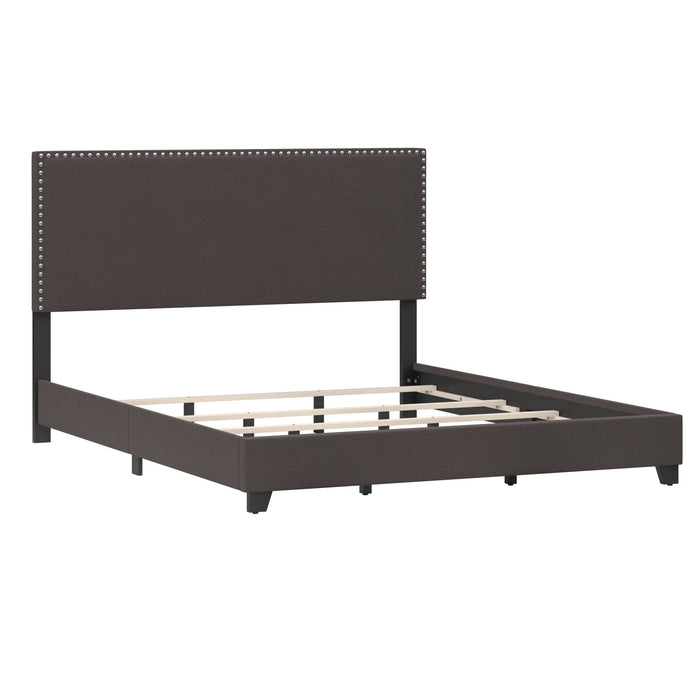 Willow Nailhead Trim Upholstered Queen Bed, Charcoal Fabric