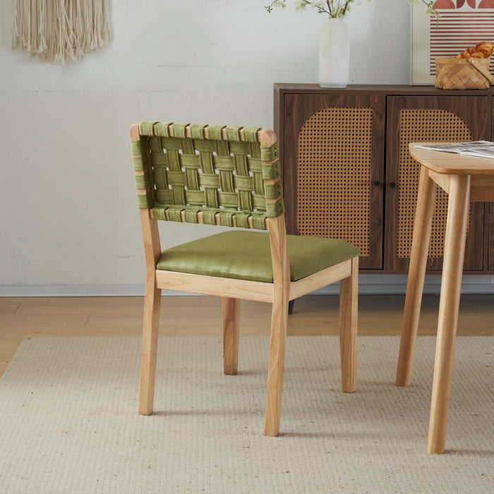 Sage Green Woven Wooden Dining Chairs Set of 4,Armless Mid Century Modern Desk Chairs with Rivet&Foot Pegs,Upholstered Farmhouse Comfy Chair No Wheels for Dining Room,Living Room,Oak,Suede