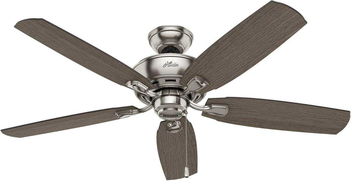 52 Inch Indoor Ceiling Fan with LED Lights - Ceiling Fan with Pull Chain, for Bedroom or Living Room, Standard Mount, No Remote, 5 Blades, Includes Bulbs - Amberlin 53216, Brushed Nickel