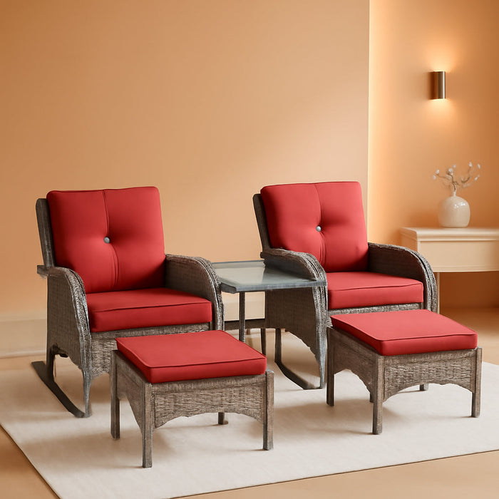 5 Piece Patio Rocking Chairs Furniture Set - Outdoor Wicker Furniture with Ottomans and Side Table, Rattan Conversation Bistro Set for Porch Balcony Backyard