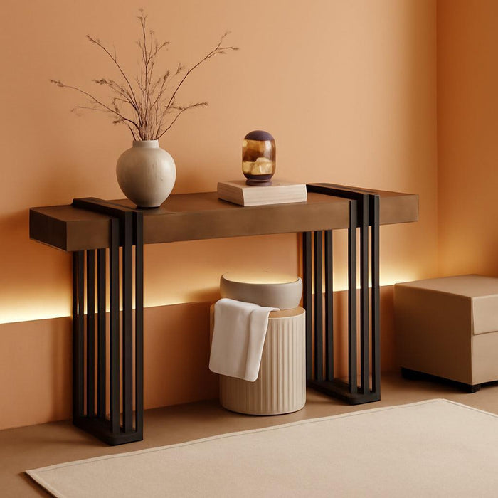 63" Long Console Table for Entryway - behind Couch Table for Living Room, Wood Sofa Tables with Black Parallel Metal Frame & Power Outlet for Hallway, Entrance, Narrow Foyer, Walnut