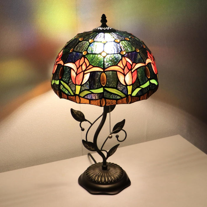 Tiffany Style Red Tulip Stained Glass Table Lamp 19 Inch