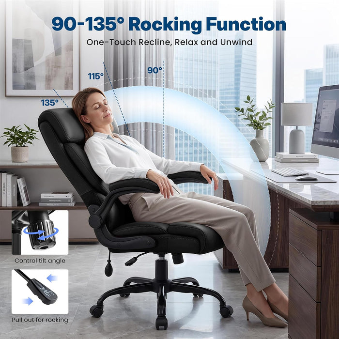 Office Chair, High Back Ergonomic Desk Chair with Inflatable Lumbar Support for Lower Back Pain Relief, Executive Leather Computer Chair with Rocking Function & Padded Flip-Up Arm
