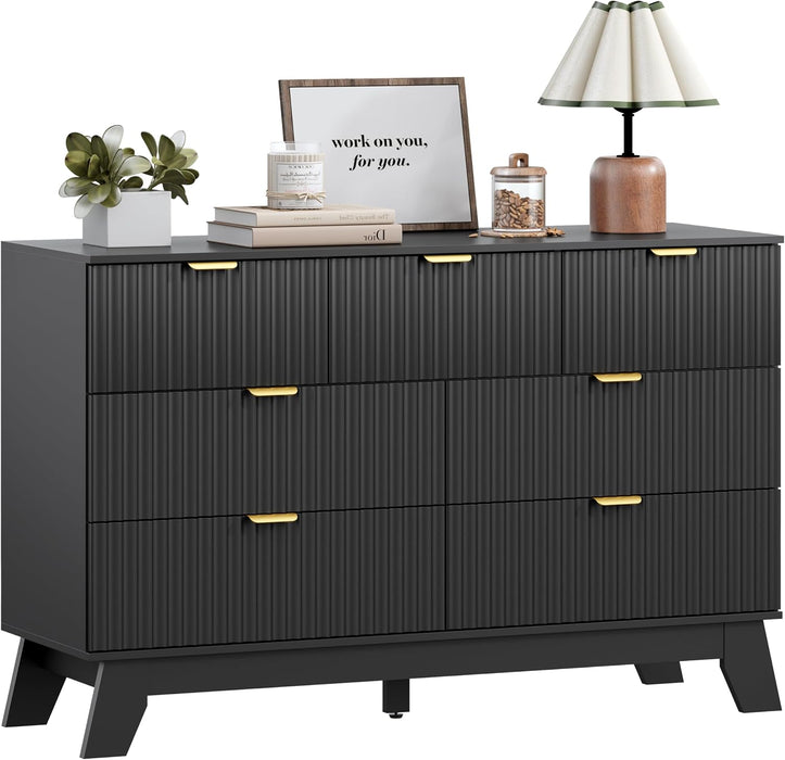 7 Drawer Fluted Dresser for Bedroom, Mid Century Modern Dresser with 7 Drawers, Dressers & Chests of Drawers with Metal Handle, TV Stand & Storage Organizer for Entryway, Hallway, Black