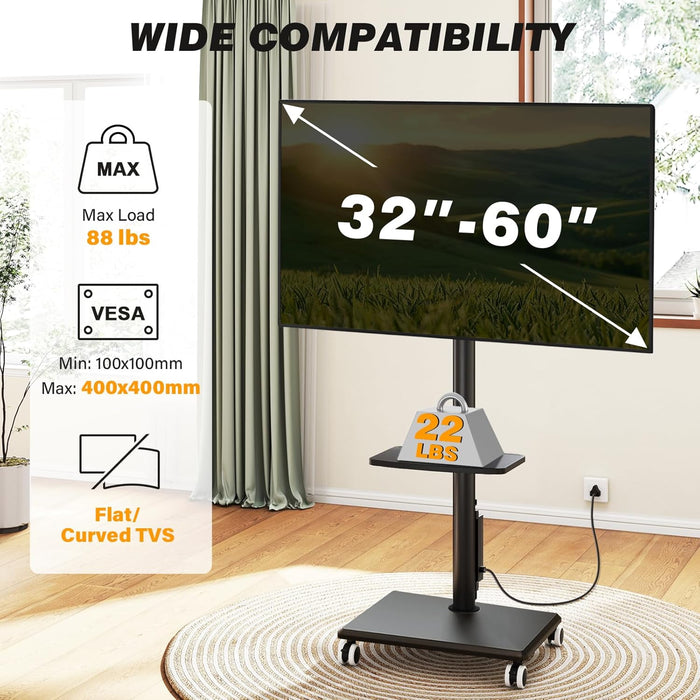 Rolling TV Stand with Power Outlet for 32-60 Inch Tvs, Swivel and Height Adjustable Mobile TV Stand with Shelf, Strong TV Cart on Wheels up to 88 Lbs for Living Room, Bedroom and Office (Black)
