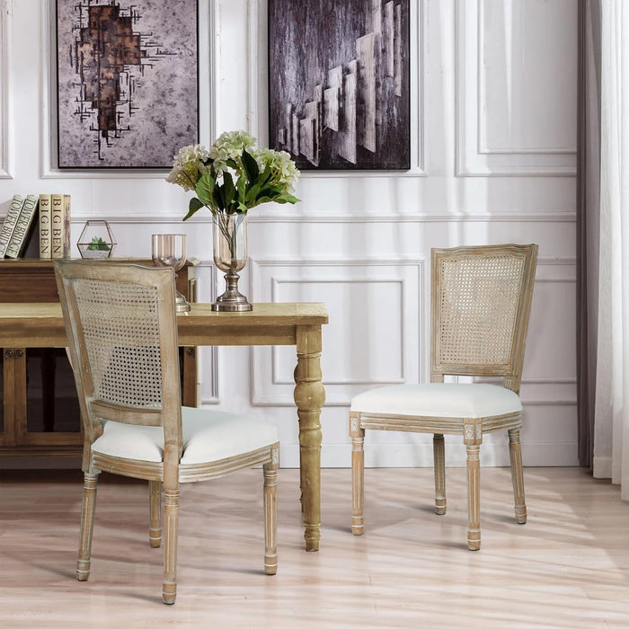 Dining Chairs Set of 2 Beige Rattan Square Back with Solid Wood Legs and Frame for French Country Kitchen Dining Room