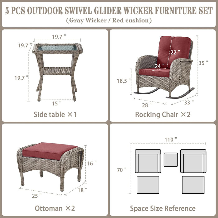 5 Piece Patio Rocking Chairs Furniture Set - Outdoor Wicker Furniture with Ottomans and Side Table, Rattan Conversation Bistro Set for Porch Balcony Backyard