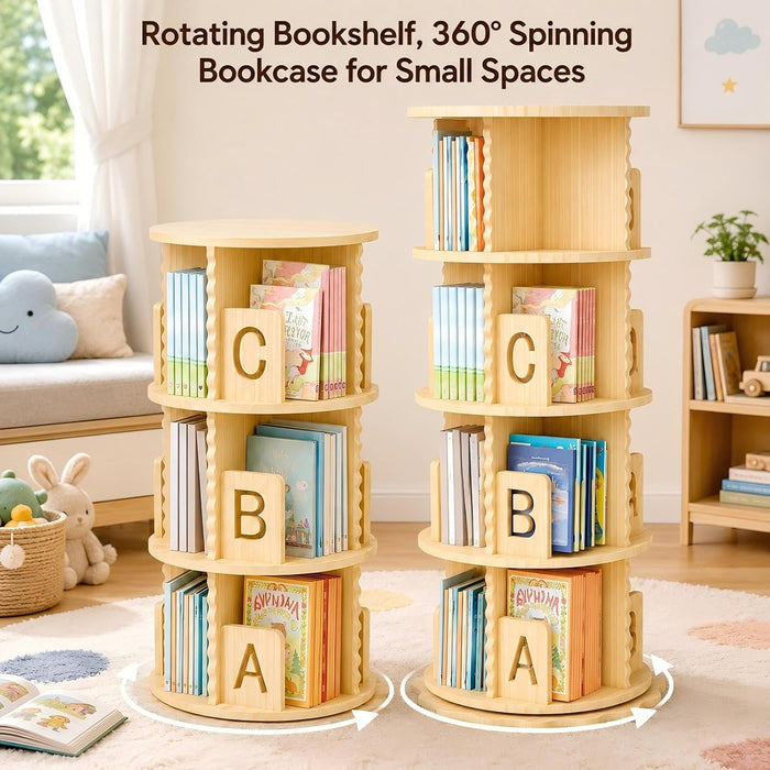 Rotating Bookshelf, 360° Spinning Bookcase for Small Spaces, Floor Standing Wooden Book Organizer, Narrow Corner Shelf for Bedroom, Study Room(3 Tier)