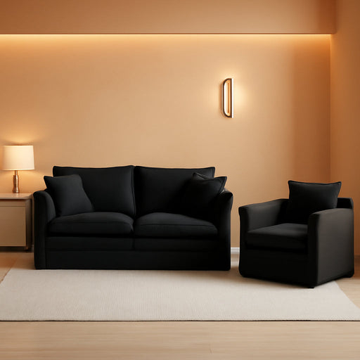 Luxury 2 Piece Loveseat Couch & Sofa Armchair Set, Modern Upholstered Chenille Cloud Couches Set Furniture with 5 Pillow for Living Room Bedroom Office Apartment, Black