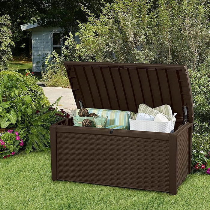 Outdoor Storage Deck Box, for Patio, Backyard & Garden, Borneo, 110 Gallon, Brown - Lockable, Organizing, and Waterproof Plastic Container Bench