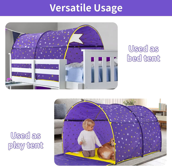 ® Starlight Bed Canopy Dream Kids Play Tents Playhouse Privacy Space Twin Sleeping Indoor Stars Boys Girls Toddlers Pop up Portable Frame Curtains Purple, Patent Pending