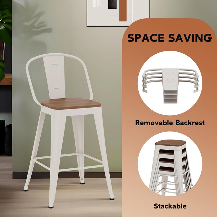 24" Metal Counter Height Bar Stools with Back Set of 4 Off-White | Modern Farmhouse Barstools with Large Seat, Footrest, High Back Counter Bar Chairs for Kitchen Island, Dining Room