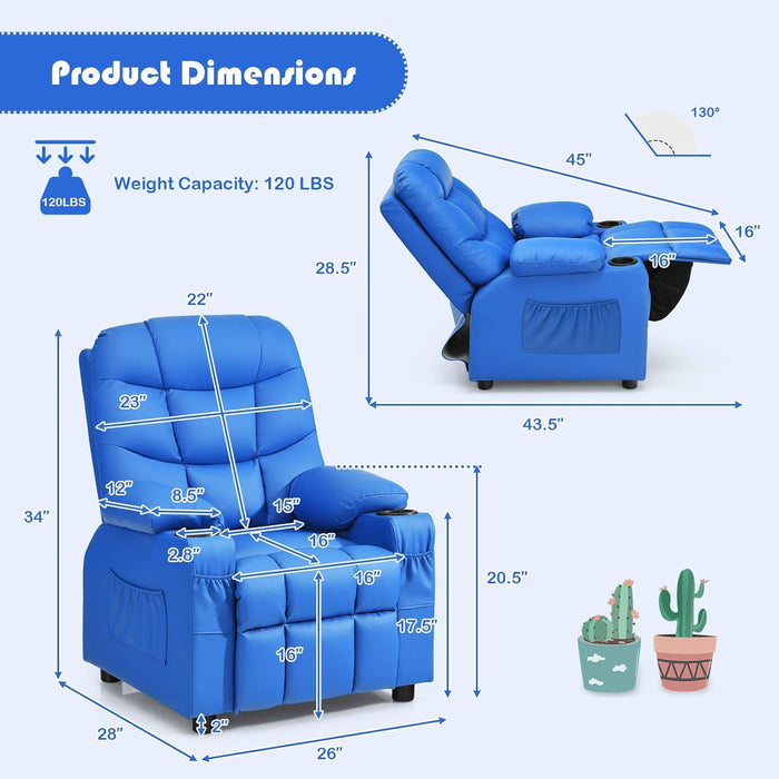 Kids Recliner Chair with Cup Holder, Adjustable Leather Lounge Chair W/Footrest & Side Pockets for Children Boys Girls Room, Ergonomic Toddler Furniture Sofa, Kids Recliner (Blue)