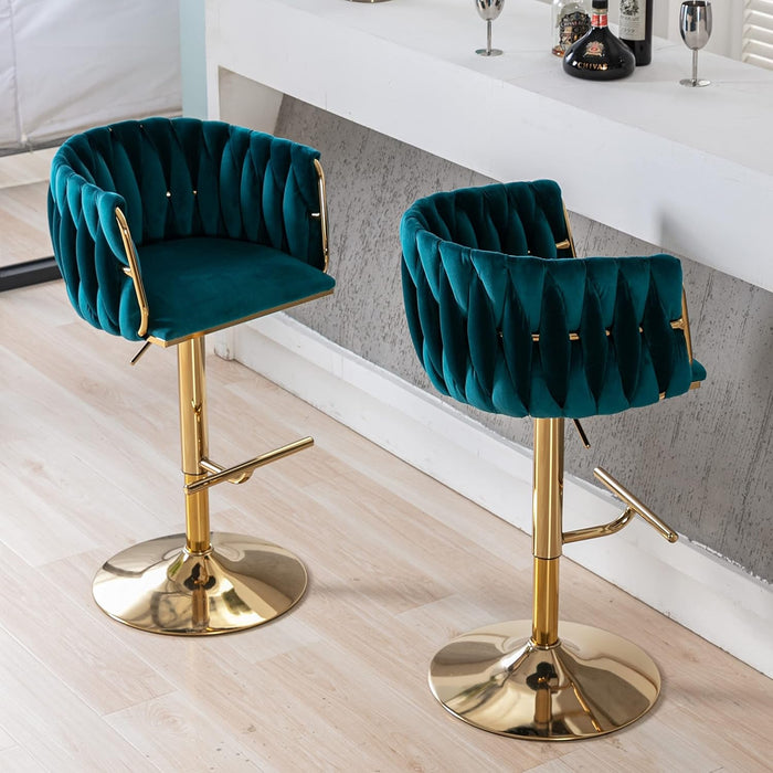 Modern Swivel Bar Stools Set of 2, Velvet Adjustable Height Barstool with Barrel Back Kitchen Island Counter Bar Chair with Golden Base, Teal Green