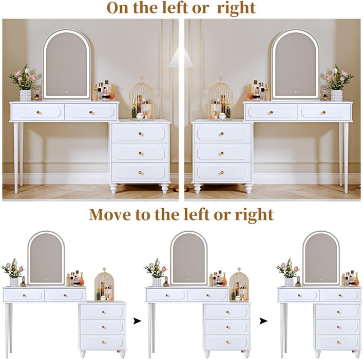 White,Vanity Desk with Mirror and Lights,Makeup Vanity with Power Outlet and Adjustable Cabinet,Modern Makeup Table with 3 Drawers for Bedroom Makeup Room