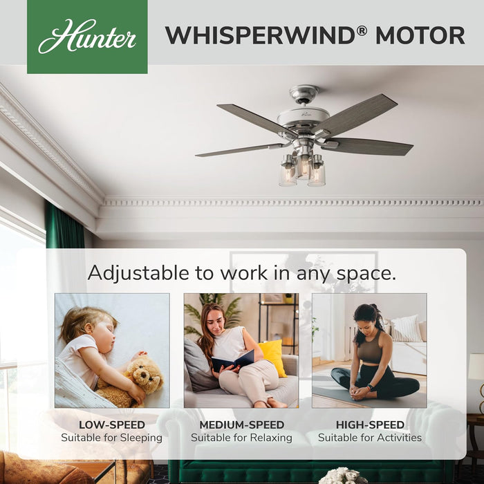 Quiet 52 Inch Reversible Brushed Nickel Ceiling Fan