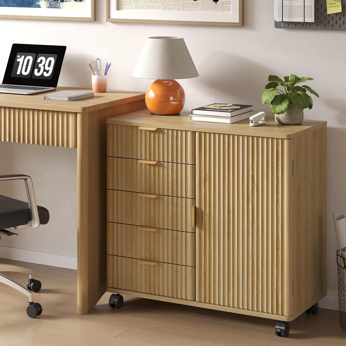 Five Drawer Oakwood Filing Cabinet Locking Casters