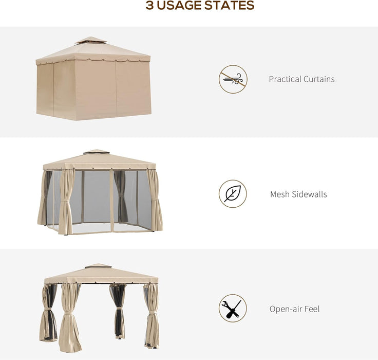 10' X 10' Patio Gazebo, Aluminum Frame Double Roof Outdoor Gazebo Canopy Shelter with Netting & Curtains, for Garden, Lawn, Backyard and Deck, Khaki