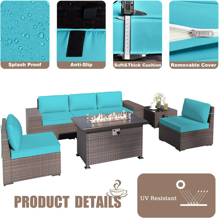 7 Pieces Patio Furniture Set, Rattan Outdoor Conversation Sets W/43In Propane Fire Pit Table and 4 Inch Cushion(Blue)