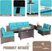 7 Pieces Patio Furniture Set, Rattan Outdoor Conversation Sets W/43In Propane Fire Pit Table and 4 Inch Cushion(Blue)