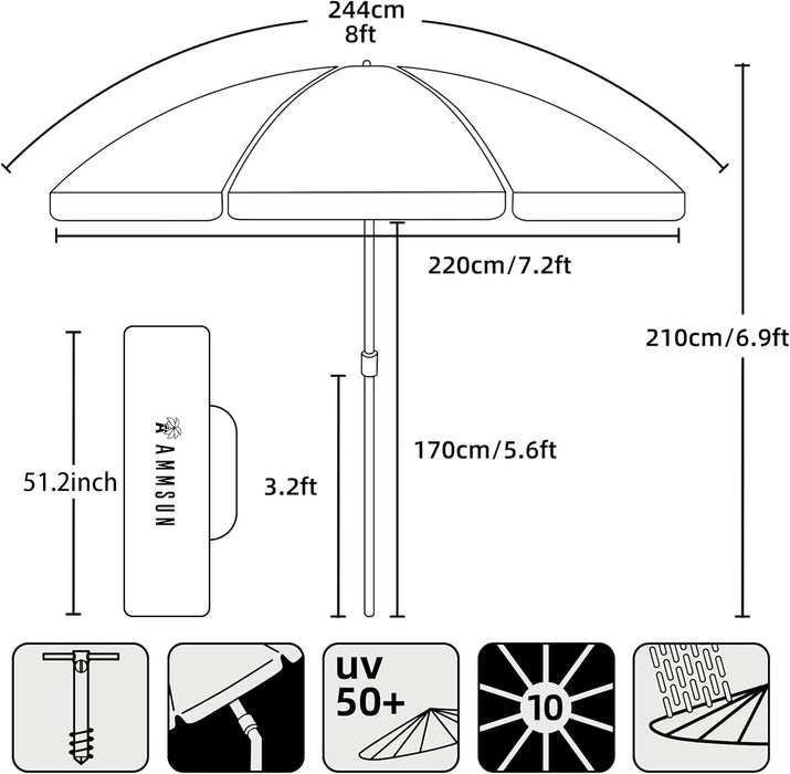 8 Feet Large Beach Umbrella with Sand Anchor Heavy Duty High Wind Portable Outdoor Umbrellas UV 50+ Protection Air Vent Tilt Patio Garden Pool