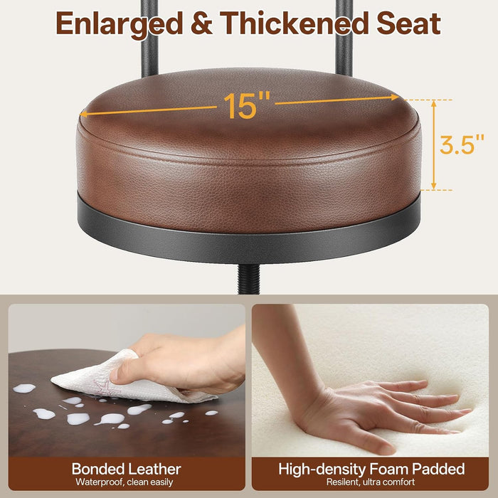 22-29 Inch Adjustable Height Swivel Bar Stools with Back Set of 2 | Vintage Bar Counter Height Stool with Thicken Premium Bonded Leather Seat & Sturdy Padded Backrest, Easy Assembly, Brown