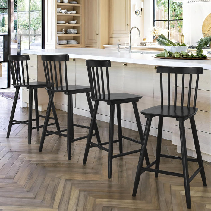Windsor Wooden Bar Stools Set of 4 for Kitchen Island, Farmhouse 24 Inch Counter Height Stools Chairs with Spindle Back, Black