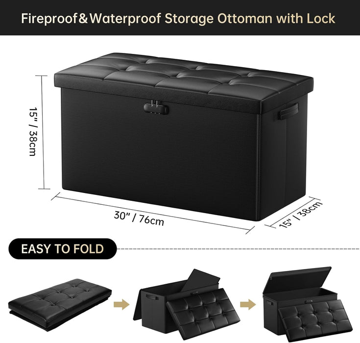Storage Ottoman Bench with Lock,Fireproof 30 Inches Folding Bench Foot Rest Stool Storage Chest Safe for Living Room,Bedroom,Home Office,Waterproof Leather Ottoman with Handles,Black