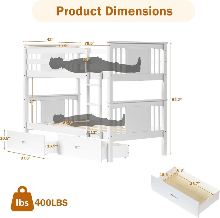 Premium Solid Hardwood Twin Bunk Bed IntegratedDrawers