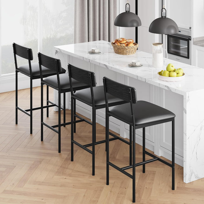 Bar Stools Set of 4, Kitchen Counter Height Chairs, 25.5 Inches Upholstered Black Barstools with Back, Bar Height Chairs for Counter Bar, Island, Easy Assembly