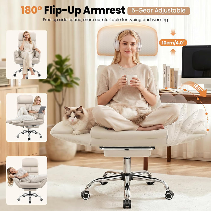 Big and Tall Leather Office Chair, Cross Legged Flip Arms, Beige