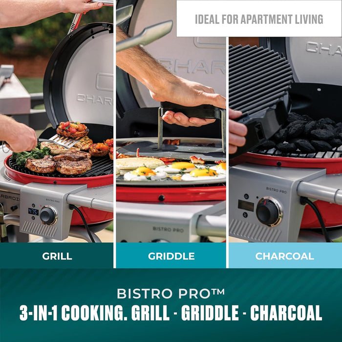 3-In-1 Dual Fuel Outdoor Bistro Pro Electric Grill & Griddle + Charcoal Mode BBQ, Red - 25302146