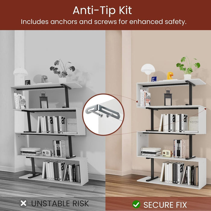 5-Tier White Geometric Bookshelf, S Shaped Bookcase,Wood Decorative Storage Shelving,Modern Freestanding Display Shelves for Office,Bedroom,Living Room, 31.5" W X 58.3" H