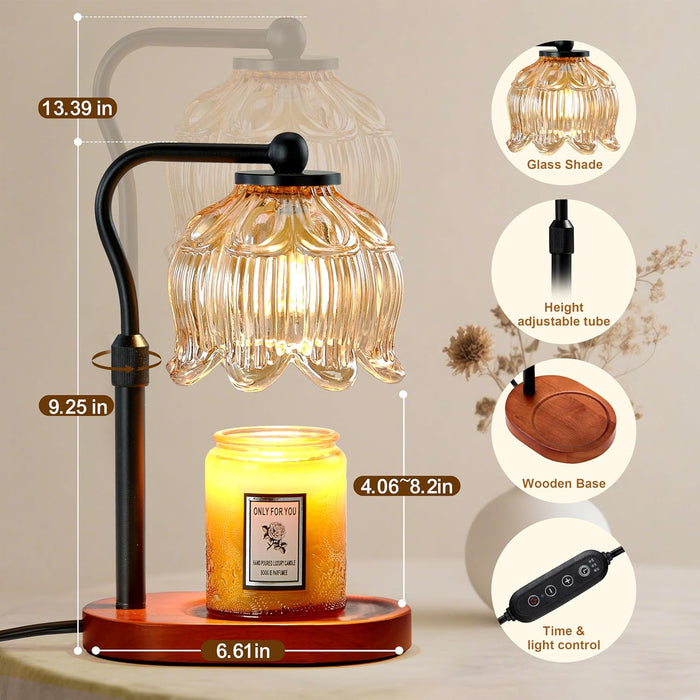 Candle Warmer Lamp with Timer & Stepless Dimming, Height Adjustable Electric Wax Warmer for Jar Candles, Flower Wax Melter with Wood Base, Gifts for Women Home Decor, Walnut Wood