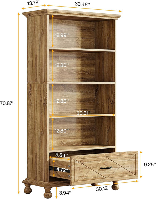 Tribesigns 6-Shelf Bookcase Set of 2, 71 Inch Tall Floor Standing Bookshelf with Drawer and Solid Wood Legs, 6-Tier Large Display Storage Book Shelves for Home Office, Oak