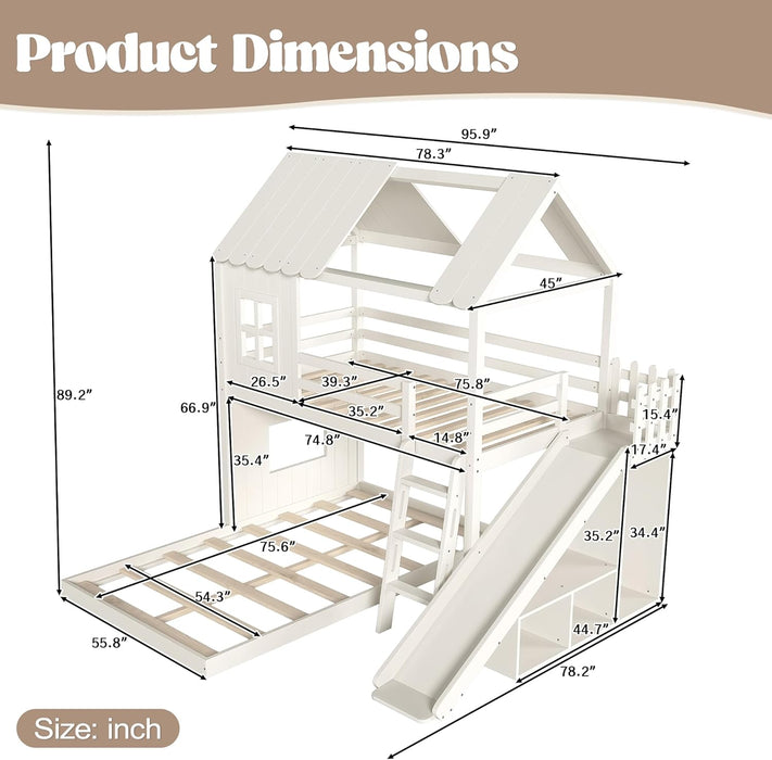 NaturalPineDurable TwinOverFull BunkBed WithSlide StorageChest Playhouse Framework