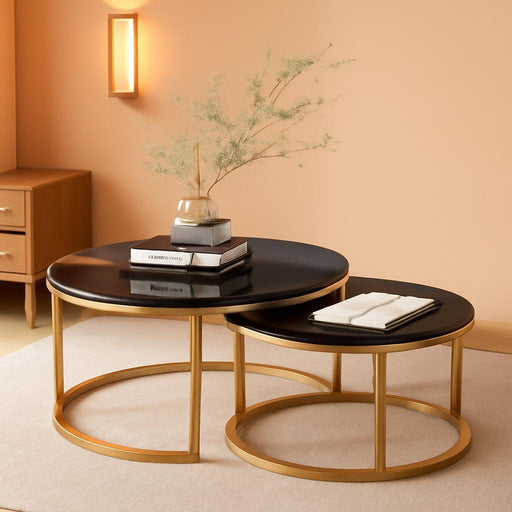 round Coffee Table Nesting Tables Set of 2, Large : Ø 34.0", Small : Ø 26.0", Modern Design Coffee Tables for Living Room, Gold Metal Frame Circle Cocktail Table, High Glossy Faux Black Marble